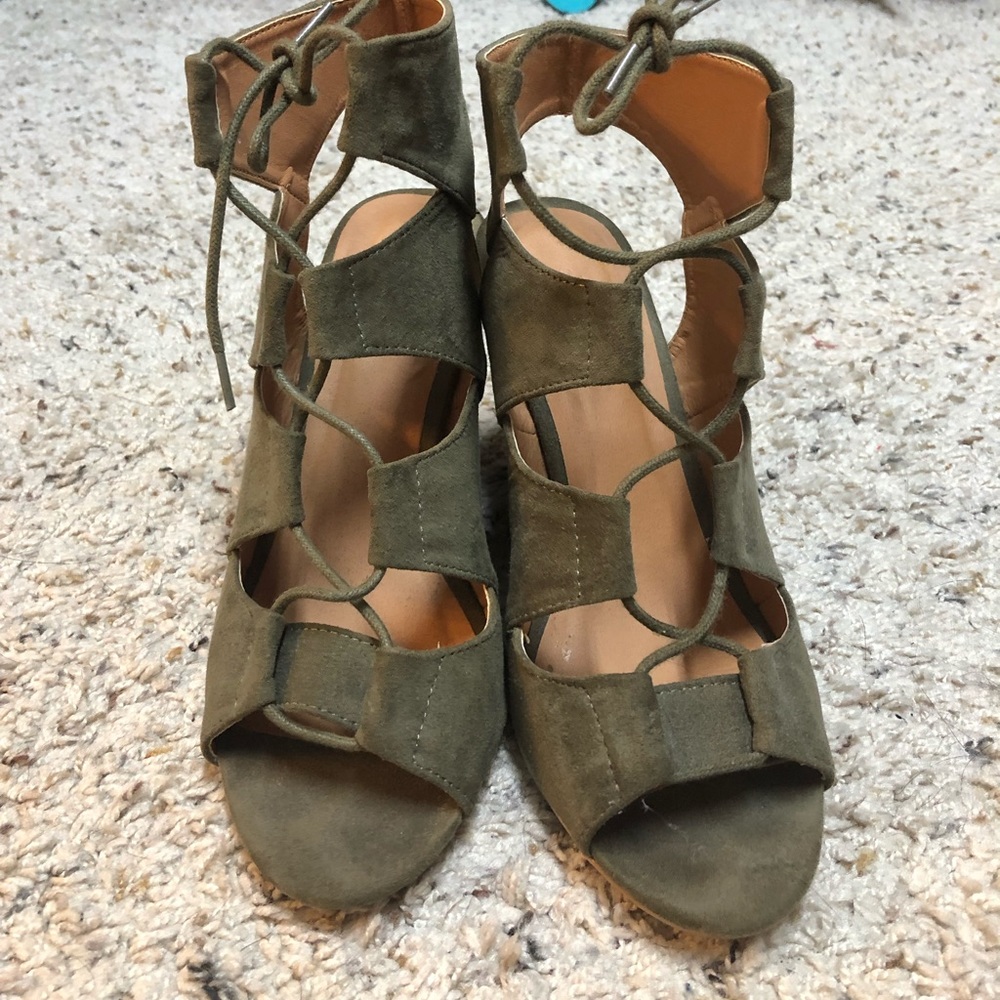 Charlotte Russe Olive Green Tie Up Wedge Sandals